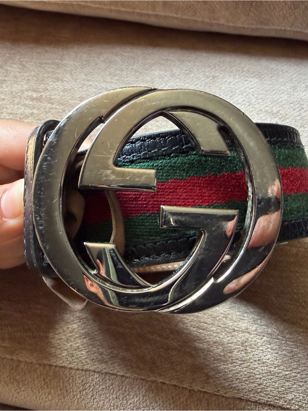 Gucci Black Leather Belt with Green and Red Web and Silver Double G Buckle - Picture 5 of 9